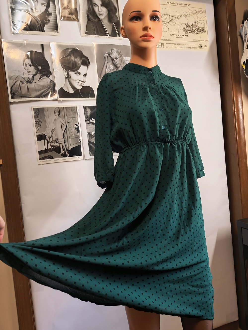Christian Dior Paris Dress Women M Teal Green Black Polka Dot Ruched Midi